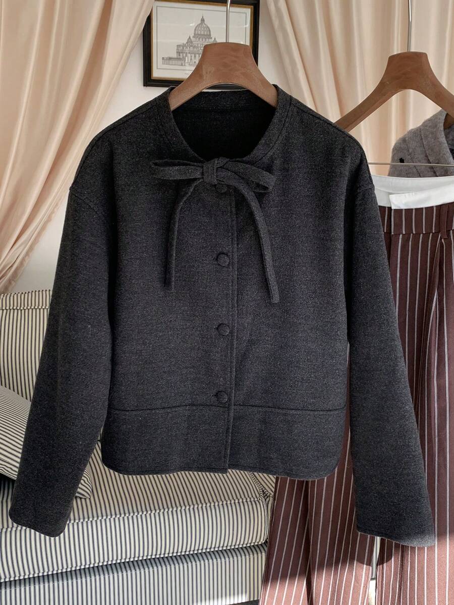 Comfortcana Women's Elegant Solid Color Twist Collar Loose Overcoat, Autumn/Winter - Dark Grey - View 1