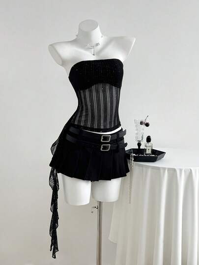 Elamini 1 件女式不对称下摆闪亮派对吊带背心，黑色，春夏