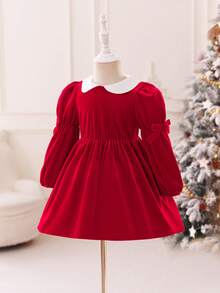 Glamorique Kids Baby Girls' Autumn/Winter New Velvet Korean Fleece Designed Peter Pan Collar 3D Bow Cute Party Long Sleeve Dress - Red - View 7