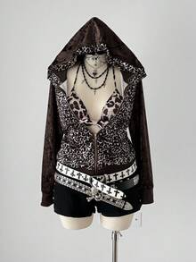 Áo sweatshirt nữ cỡ lớn Sunspun kiểu vintage punk/Y2K gợi cảm với họa tiết da báo, phối họa tiết thoi kim cương, viền gấu bằng nhung gân, khóa kéo, thích hợp cho mùa thu/đông. - Nhiều màu - Xem 4