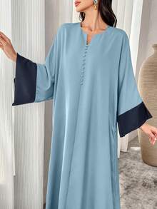 Al Najma 女式 V 领撞色喇叭袖阿拉伯长裙，端庄优雅的全罩式长裙，适合日常休闲/节日/晚会/婚礼宾客 - 藍色 - 查看 3