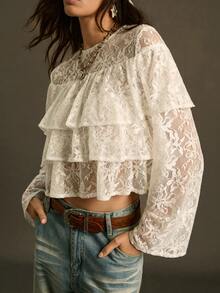 SoleilVie 女士秋冬多层蕾丝荷叶边衬衫、斗篷衬衫、仙女芯 - 白色 - 查看 5