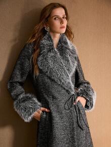 MOTF PREMIUM 女士仿皮草领羊毛混纺大衣，秋冬 - 黑色 - 查看 5