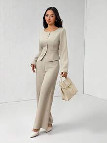 SHEIN PETITE 女款優雅秋季卡其色辦公兩件套，純色圓領單排扣夾克與長褲套裝，商務休閒正式通勤穿著，適合嬌小女性 - 卡其色 - 查看 4
