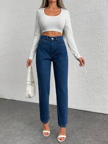 EURMUSE 100%Cotton High Waist Solid Pocket Mom Fit Jeans - Blue - View 3