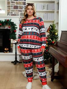 SHEIN Doze Lane Bộ đồ ngủ tay dài cổ tròn in họa tiết chủ đề Giáng sinh dành cho phụ nữ ngoại cỡ, trang phục ấm áp, quần áo thu đông - Nhiều màu - Xem 4