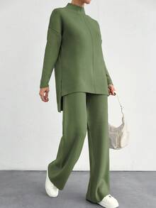 EURMUSE 女士春季/秋季休閒實色立領針織毛衣和長褲套裝 - 薄荷綠 - 查看 6