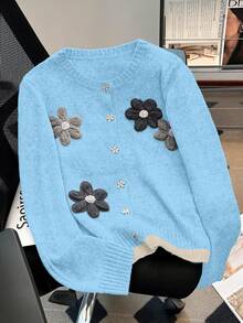 Franclia 全新秋冬优雅手工花卉图案柔软舒适开衫，适合娇小女性 - 水鴨藍 - 查看 3