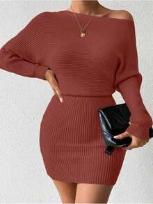 Elenzga Autumn/Winter New Solid Color Cinched Waist Bodycon Knit Dress - Redwood - View 5
