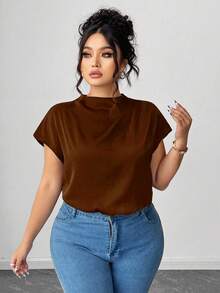 SHEIN LUNE Plus Size Women's Elegant Black Poplin Solid Color Shirt, Spring/Summer - Coffee Brown - View 4