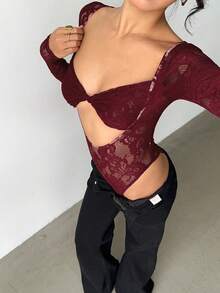 Aloruh Women's Sexy Crop Top Sheer Bodysuit - Burgundy - View 5