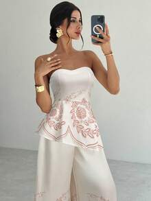 Firerie Conjunto de 2 piezas de verano con top tubo asimétrico de estampado de color contrastante y pantalones de pierna ancha de cintura alta, elegante, refinado y romántico para vacaciones y uso diario