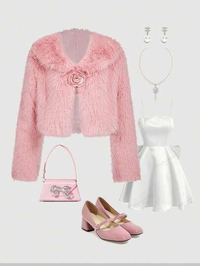 SHEIN MOD 女式纯色 3D 花卉装饰长袖优雅仿皮草夹克，秋冬