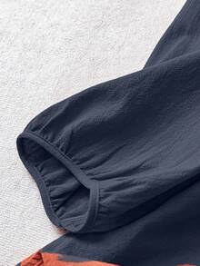 Linhara 女式 V 领刺绣 3/4 袖亚麻衬衫，宽松夏季上衣 - 藍色 - 查看 5