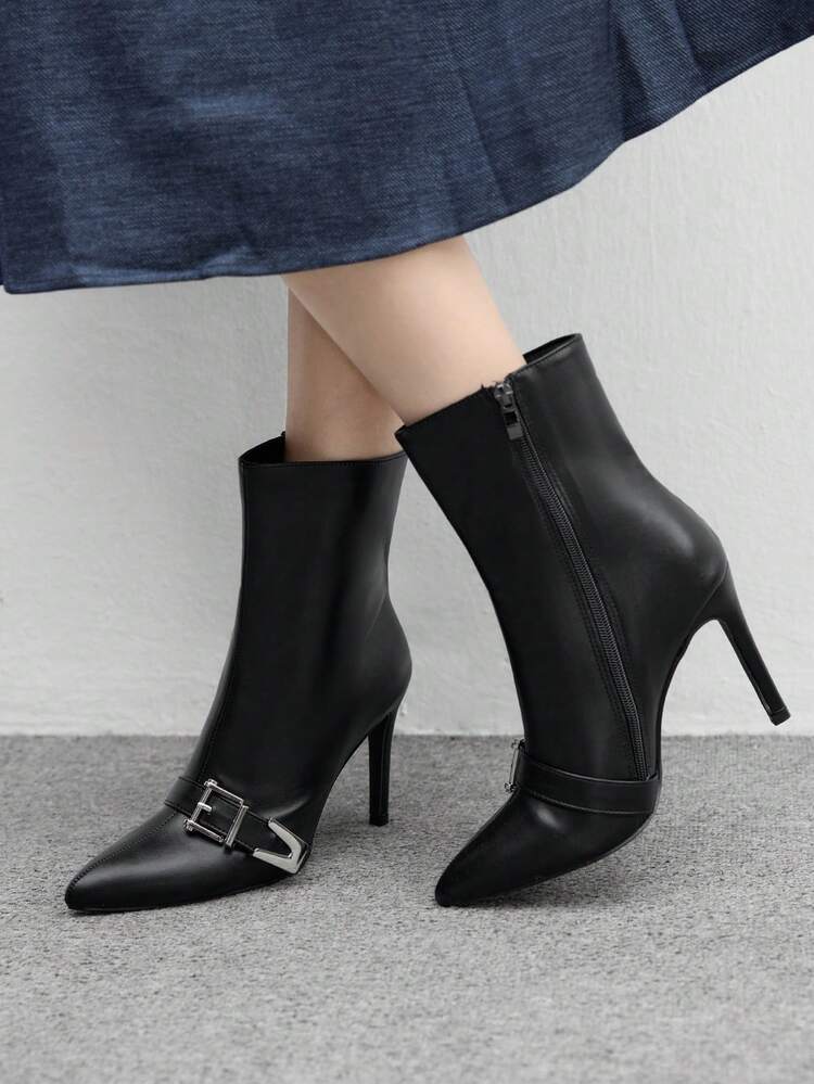 CUCCOO BIZCHIC High-Quality Autumn/Winter Commute Buckle Black Mid-Calf Boots, Pointed Toe Slim Heel Elegant Women's Boots, Fashionable Versatile New Style Boots, Showcasing Feminine Charm And Elegant