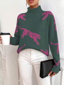 SHEIN LUNE 女式时尚休闲豹纹立领毛衣 - 墨綠色 - 查看 4