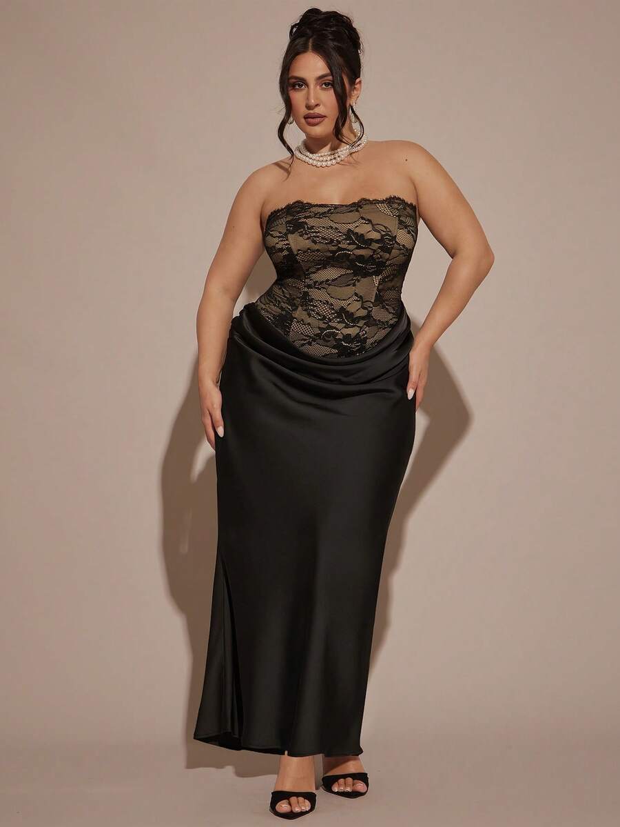 SHEIN BAE Váy ren dài màu đen thanh lịch dành cho nữ cỡ lớn, mùa thu/đông - màu đen - Xem 1