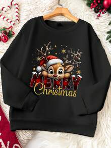 EMERY ROSE Christmas Cute Reindeer & Letter Graphic Crew Neck Long Sleeve Fashionable Plus Size Sweatshirt, Autumn/Winter - Black - View 3