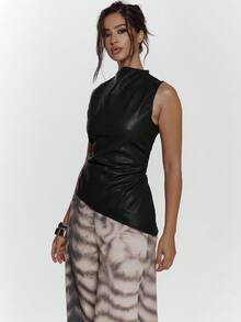 MUSERA 高领不对称下摆仿皮上衣，性感外出夜游可爱街头风，适合假日派对、情人节、春夏节庆等场合。 - 黑色 - 查看 4