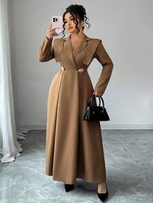Elenzga Abito lungo a maniche lunghe con cintura in vita, design con collo incrociato, stile vintage alla moda, colore marrone caffè, taglie comode, stile francese elegante, versatile per lavoro, casual e per stratificazioni