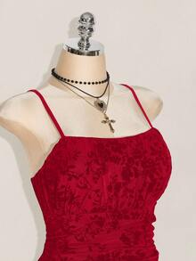 SHEIN ICON 大码女式复古花卉褶皱连衣裙，复古 Y2K 褶皱吊带背心连衣裙，适合秋季、度假、毕业典礼、返校 - 酒紅色 - 查看 6