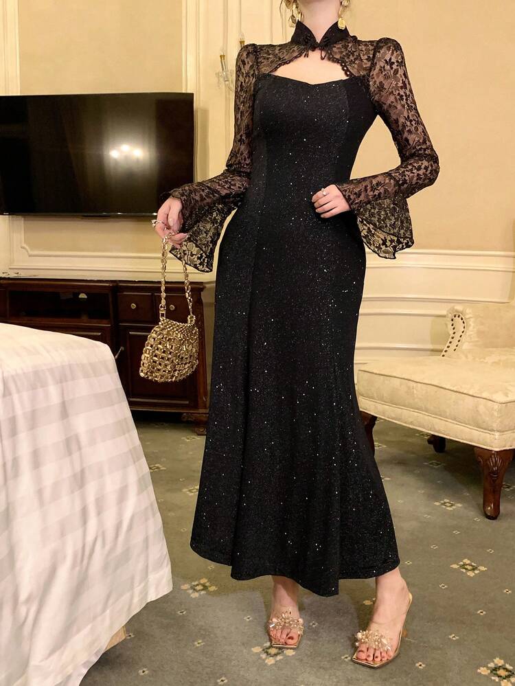 Women's Solid Color Mesh Patchwork Elegant Long Sleeve Midi Dress Prom Dress Sparkly Dress