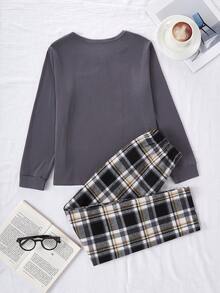 Tween Boy 棕色纯色舒适格子两件套睡衣套装（长裤和长袖） - 深灰色 - 查看 2