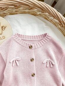 SHEIN Apricot Bowknot Cardigan, Cute & Versatile For Baby Girls, Autumn/Winter - Pink - View 3