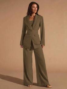 Glamine Bộ vest cổ khăn choàng màu nâu 3 món dành cho nữ, Bộ vest đa năng thường ngày cho nữ, Thích hợp cho công sở, đi làm, đi chơi, Bộ vest thường ngày rộng rãi Bộ 2 món Bộ vest blazer sang trọng cho nữ Bộ vest trang trọng hai mảnh cho nữ Bộ vest quần - màu xanh lá - Xem 4