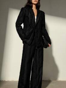 Aveloria Modichic Women's Textured Frayed Edge Striped Tassel Design Minimalist Blazer Jacket Paired With Wide Leg Pants Suit - Black - View 5