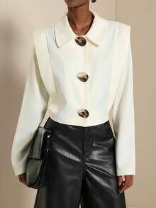 SHEIN Veneréa Camisa elegante de solapa sin mangas con parches, manga larga y botones metálicos