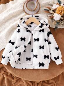 Elladie kids 女童可爱黑色蝴蝶结条纹毛绒时尚舒适秋冬连帽长袖外套，儿童舒适百搭开衫 - 米色 - 查看 3