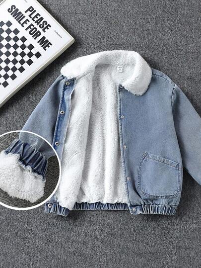 青少年男童休闲百搭加厚保暖翻领开襟宽松长袖牛仔外套，厚实外套，适合户外、用餐、度假、下雪天气穿着，秋冬季女童服装