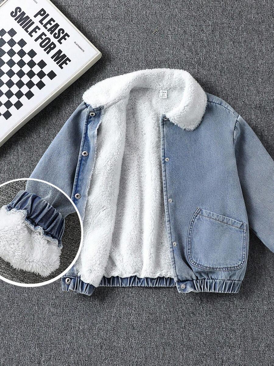 Tween Boys' Casual Versatile Thick Fleece Lined Lapel Open Front Loose Fit Long Sleeve Denim Jacket, Thick Outerwear Suitable For Outdoor, Dining, Vacation, Snowy Weather Autumn Winter Clothes For Women