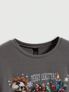ROMWE Goth Dark Christmas Wreath, Candle, Skull Print Short Sleeve T-Shirt - Grey - View 3
