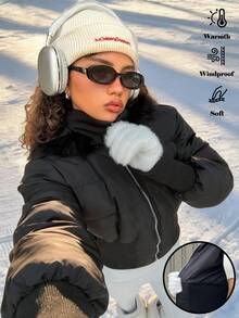 INAWLY 女式黑色短款连帽棉服外套 - 黑色 - 查看 1