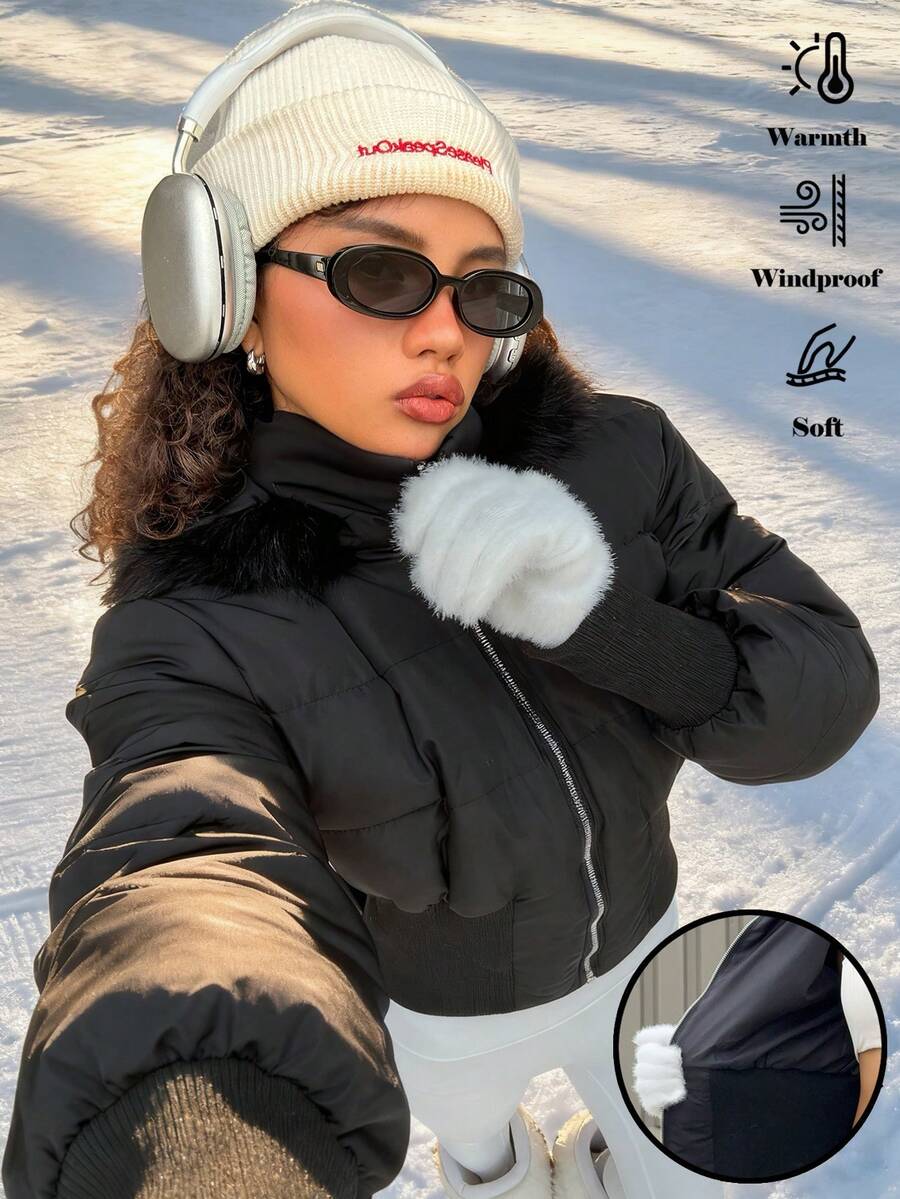 INAWLY 女式黑色短款连帽棉服外套 - 黑色 - 查看 1