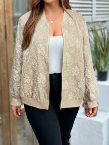 Plus Size Women's Solid Color Spring/Autumn Long Sleeve Zip-Up Casual Baseball Jacket For New Year Holiday Party Clothes