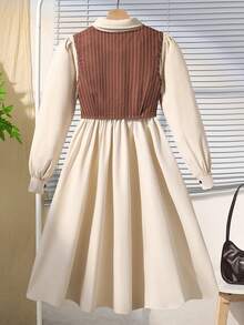 SHEIN 2 件套青少年女孩套装，翻领无袖夹克背心 + 翻领长袖开衫衬衫连衣裙，秋季休闲通勤连衣裙 - 杏色 - 查看 2