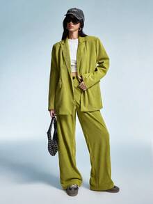 Aveloria EMERY ROSE Women's Autumn Corduroy Solid Color Loose Fit Wide Shoulder Lapel Minimalist Blazer And Wide Leg Pants Suit Set - Green - View 2