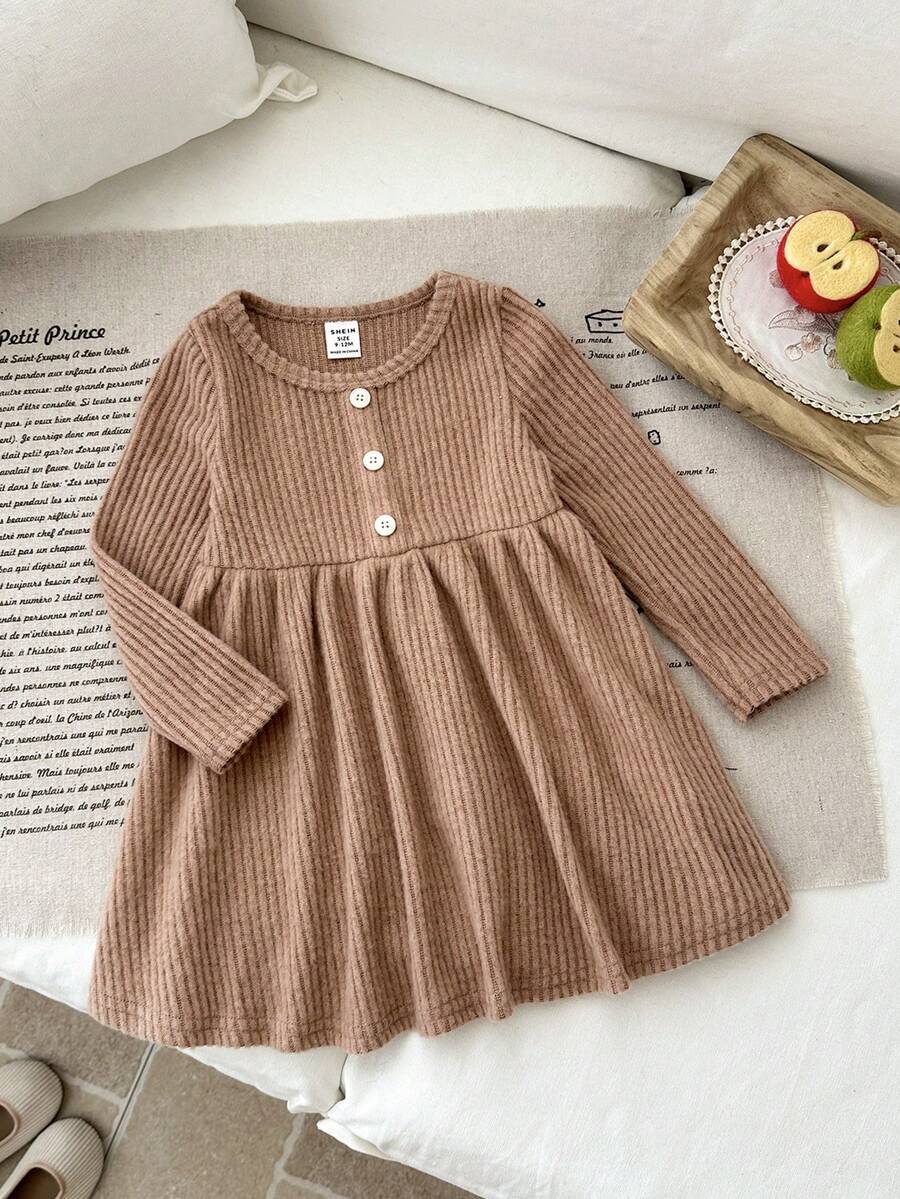 Baby Girl Khaki Thermal Lined Thick High Stretch Ribbed Ruched Long Sleeve Contrast Button Cute Dress, Suitable For Winter - Pink - View 1