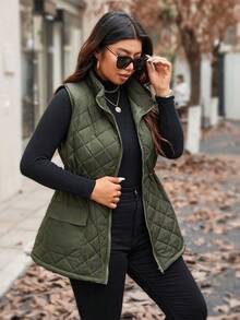 Calvaya Damen Cargo Weste mit Kordelzug Taille und Taschen in Große Größen, Steppweste, Winterkleidung Herbstkleidung, für Weihnachten - Armeegrün - Übersicht 4
