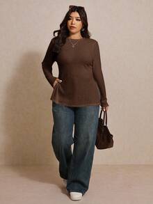 Elaquor Plus Size Women's Solid Color Round Neck Casual Side Slit Long Sleeve T-Shirt Brown - Coffee Brown - View 4