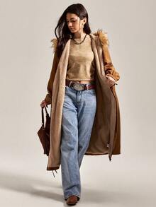 Easelle Abrigo acolchado para mujer, suelto y largo en color caqui marrón para otoño e invierno - Café integral - Ver 7