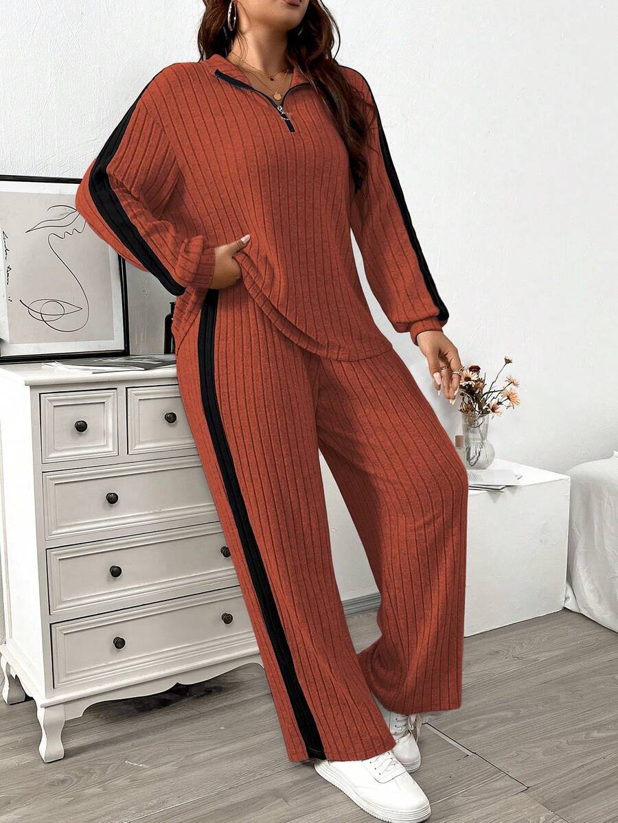 EMERY ROSE Áo thun tay loe dệt kim mềm mại có khóa kéo cổ cao cỡ lớn + Quần ống rộng có họa tiết sọc màu bên hông, quần mặc nhà thường ngày 2 món - Nhiều màu - Xem 1