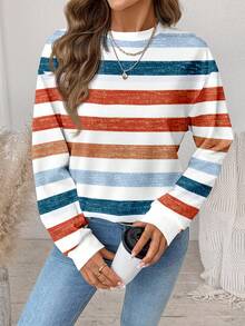 SHEIN LUNE 休闲彩色条纹复古别致印花圆领宽松女式运动衫，家庭套装，适合户外、通勤和运动 - 彩色 - 查看 7