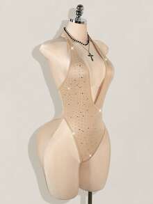 SHEIN ICON Rhinestone Embellished Deep V-Neck Halter High Slit Backless Bodysuit For Women - Khaki - View 6