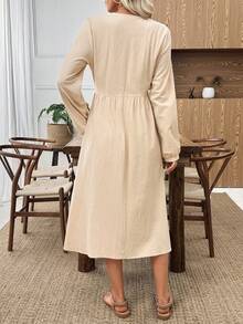 EMERY ROSE Women's Solid Color V-Neck Long Sleeve Single-Breasted Casual Mid-Length Dress Women Dresses Autumn Winter  One-Piece Dress Ladies Autumn Winter Cozy Fall And Winter Clothes For Women  New Year Dress - White - View 3