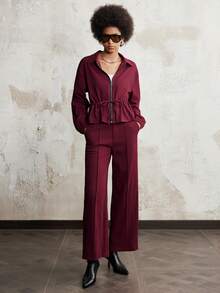 SHEIN LUNE 全新女式纯色翻领系带夹克套装 - 酒紅色 - 查看 4