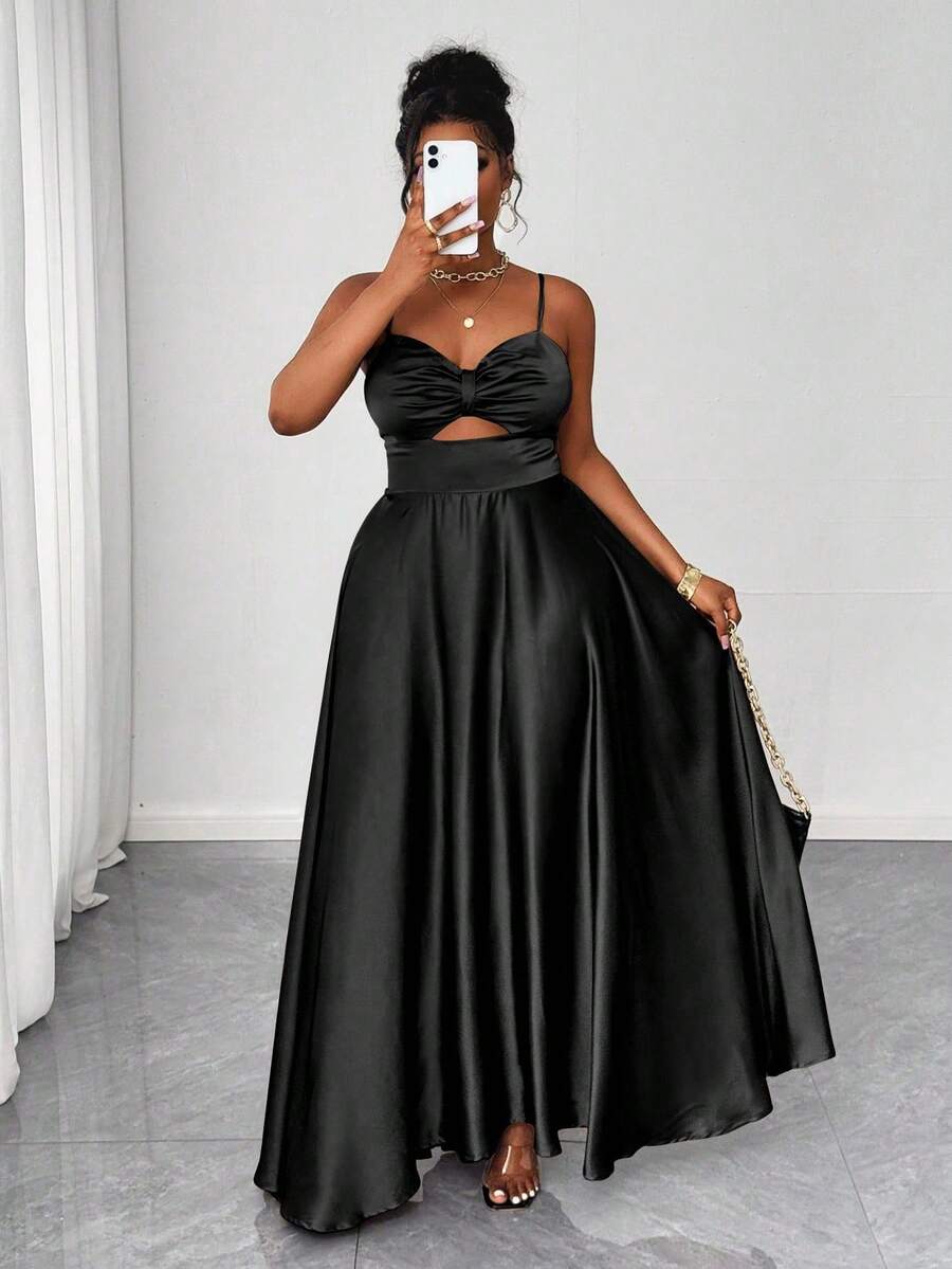 Maweii Plus Size Elegant Solid Color Maxi Slip Dress, Summer - Black - View 1